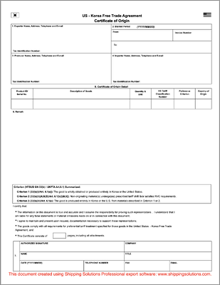 U S Korea Certificate Of Origin