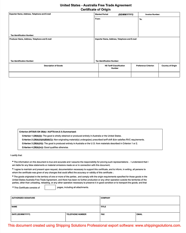 U S Australia Certificate of Origin