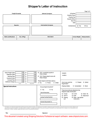 Shipper's Letter of Instruction form | Shipping Solutions