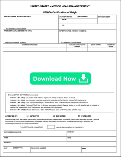 USMCA Certificate of Origin Download Now