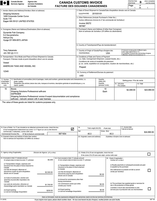 Canada customs invoice