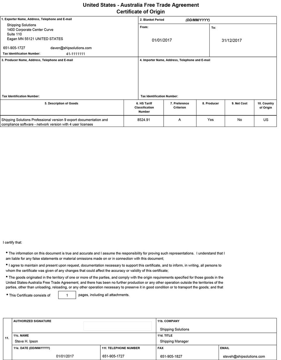Australia Certificate of Origin