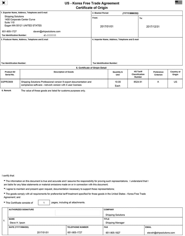 Korea Certificate of Origin