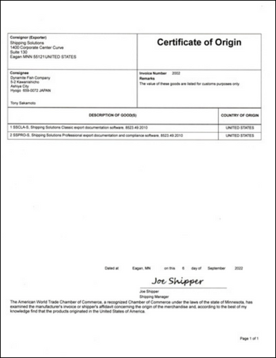 Certificate of Origin