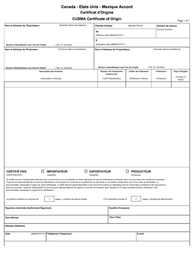 CUSMA Certificate of Origin - French