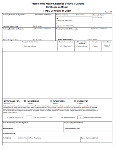 T-MEC Certificate of Origin - Spanish