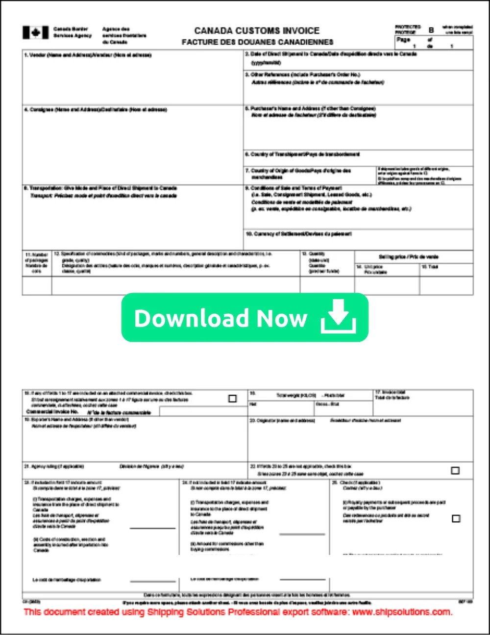 Canada Customs Invoice | Download Now