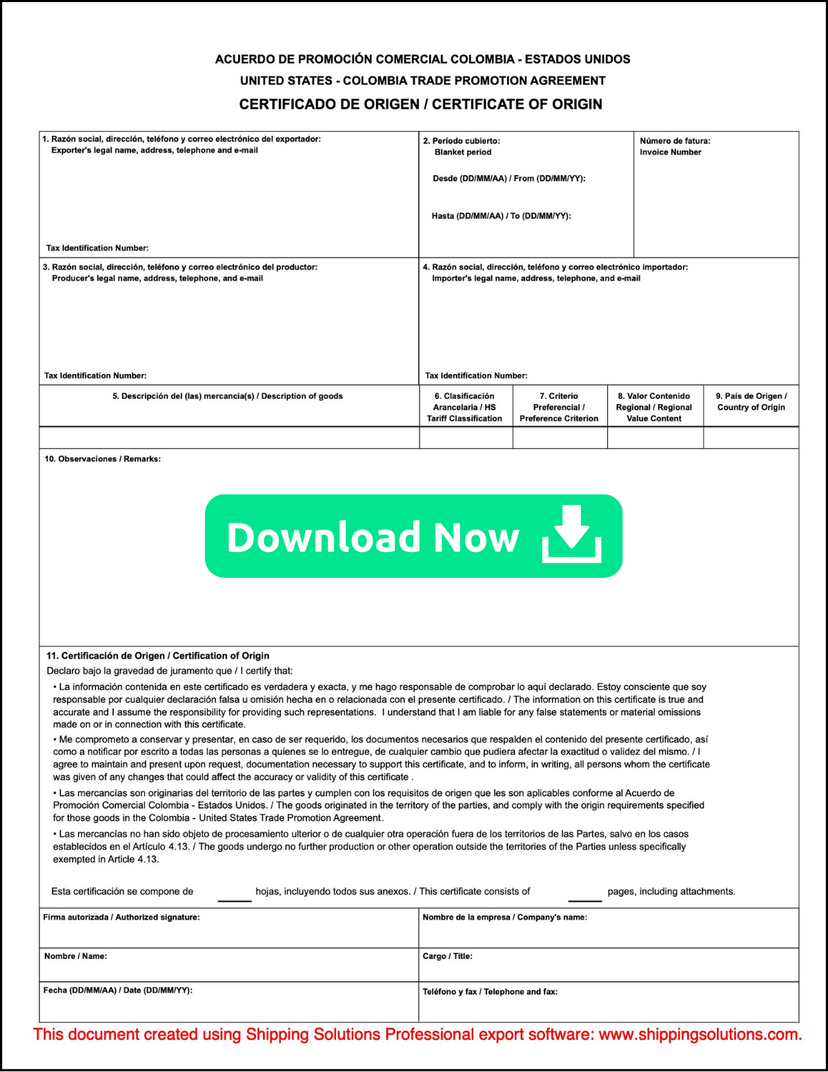 Colombia Certificate of Origin | Download Now