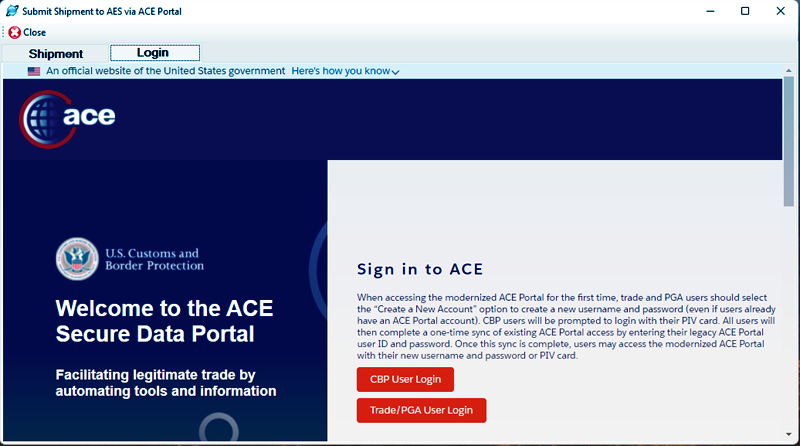 ACE Portal Login Screen - March 2022
