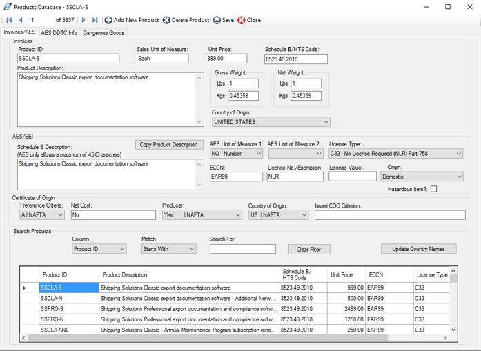 The Shipping Solutions export software's Product Database screen
