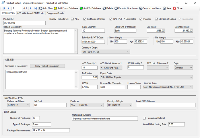 The Product Detail Screen in Shipping Solutions export documentation software