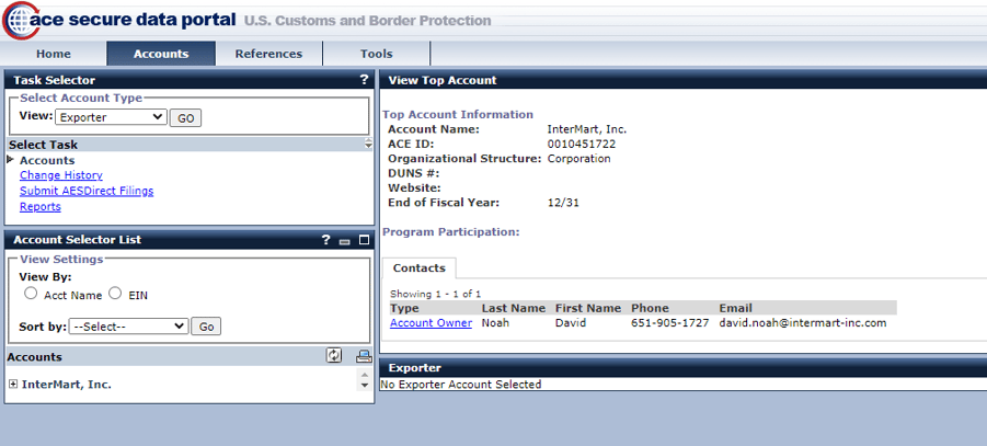 The Accounts tab on the ACE portal | Shipping Solutions