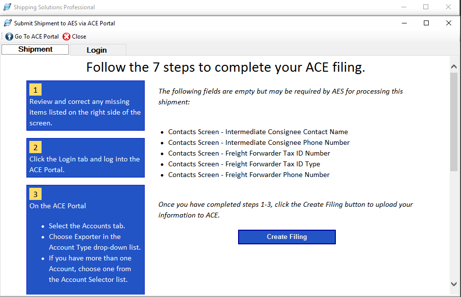 Software AES filing screen | Shipping Solutions