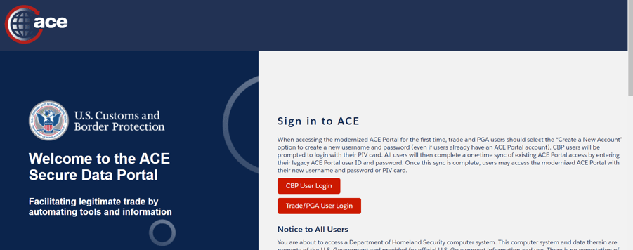 The ACE Portal Login Screen | Shipping Solutions