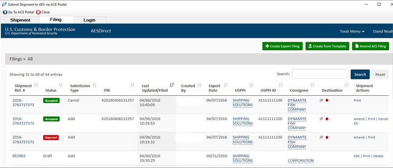 The AESDirect Shipment Summary Screen on the ACE Portal | Shipping Solutions