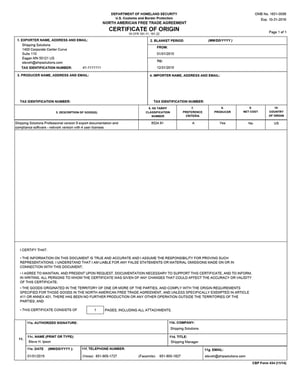 Sample NAFTA Certificate of Origin